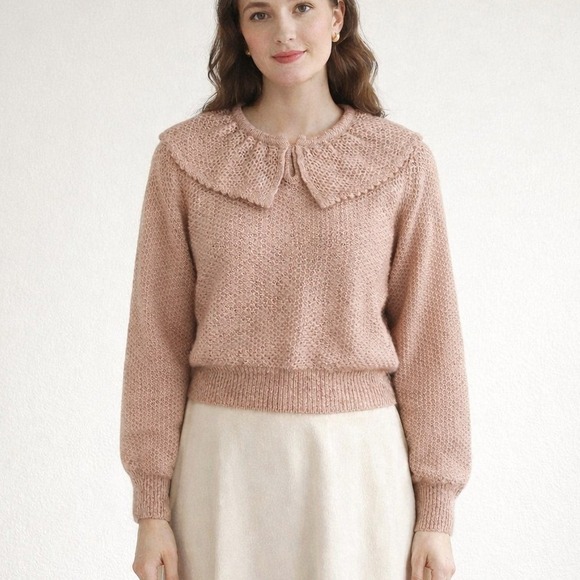 Sweaters - Vintage 1960's Women's Sweater Large Blush Pink Peter Pan Collar Balloon Sleeve